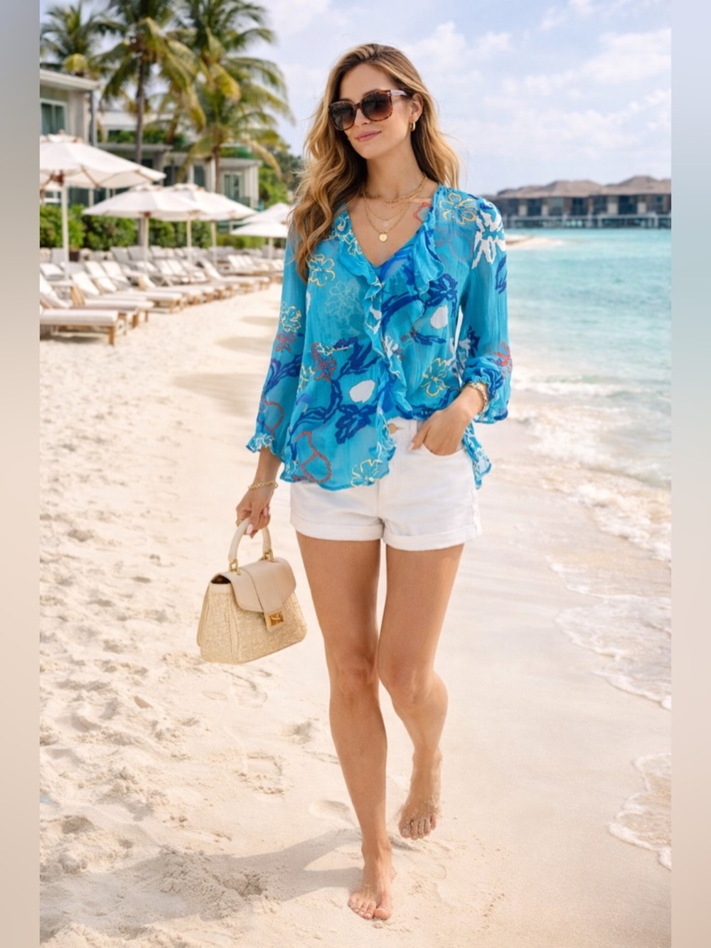 Armani Exchange Sheer 100% Silk Floral Ruffle Blouse NWT Coastal Resort M